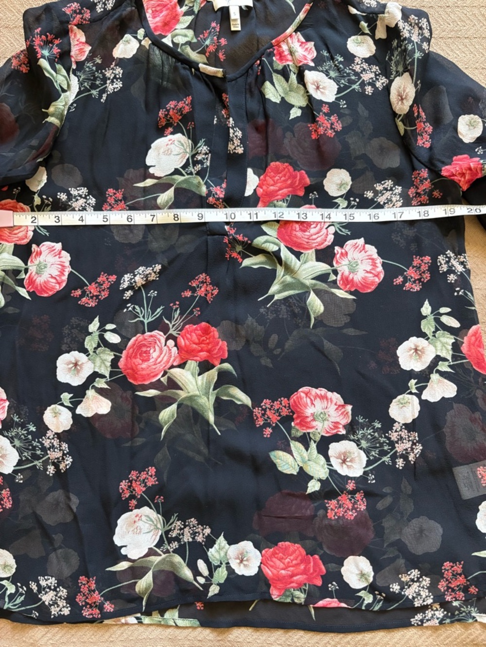 Joie Silk Black Sheer Floral V-Neck Skirt with Red and Cream Blooms - Picture 5 of 11